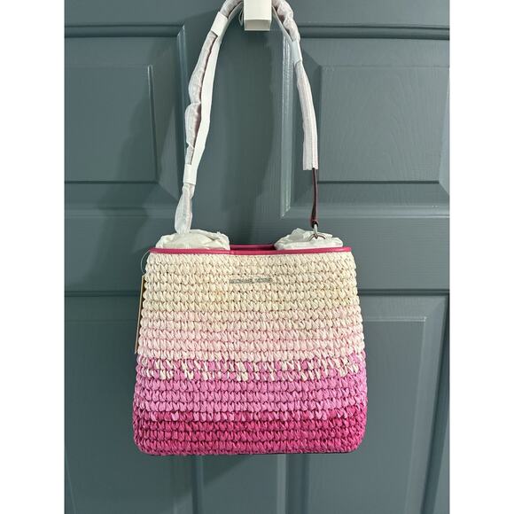 Michael Kors Pratt Women Medium Ombré Straw Bucket Shoulder Bag Dragonfruit - Picture 9 of 9